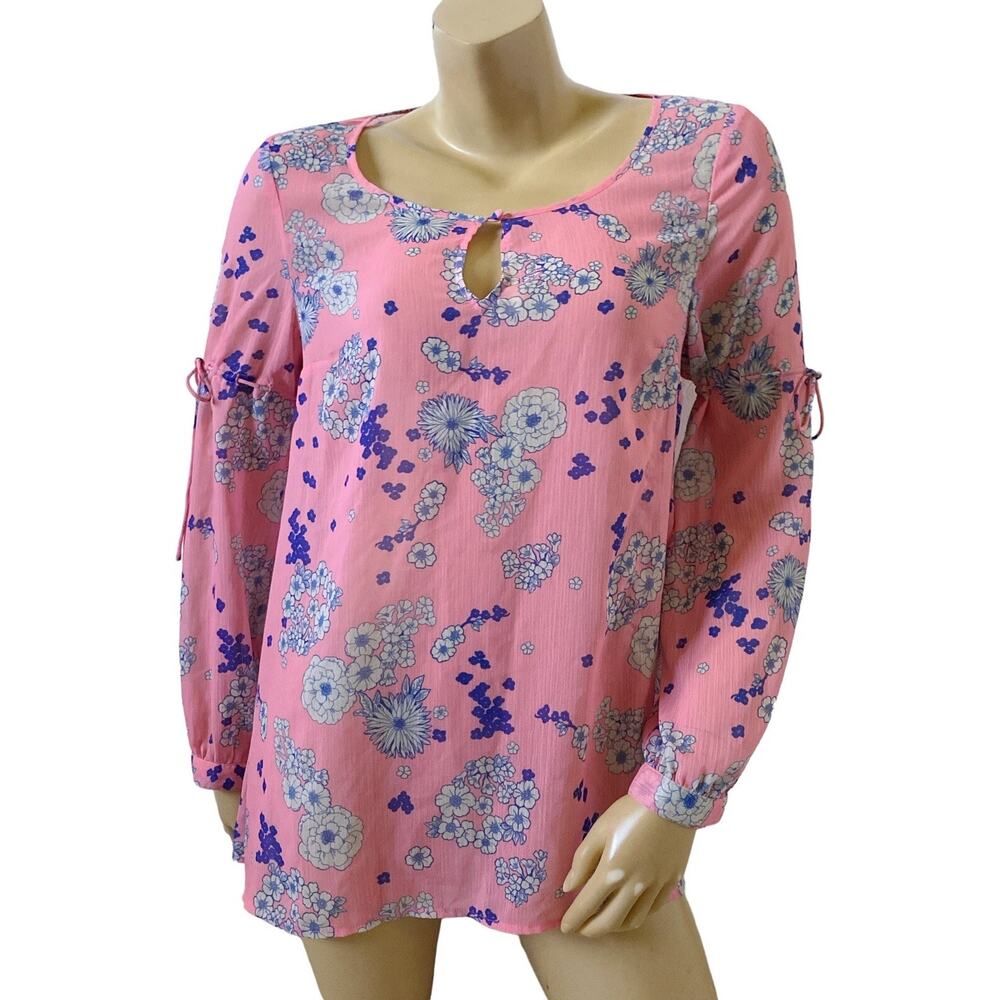 Modcloth Pink Floral Keyhole Tunic Top Womens Medium Sheer Boho Long Sleeve